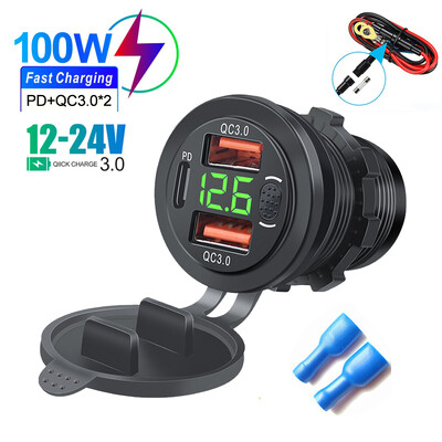 Priză triplă pentru încărcător auto USB C Prize USB PD & 18W QC3.0 cu comutator cu buton Voltmetru digital LED 12V/24V pentru autoturism RV