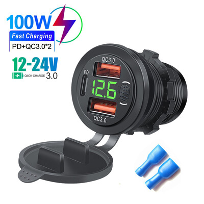 Priză triplă pentru încărcător auto USB C Prize USB PD & 18W QC3.0 cu comutator cu buton Voltmetru digital LED 12V/24V pentru autoturism RV