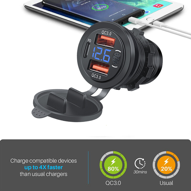 Priză triplă pentru încărcător auto USB C Prize USB PD & 18W QC3.0 cu comutator cu buton Voltmetru digital LED 12V/24V pentru autoturism RV