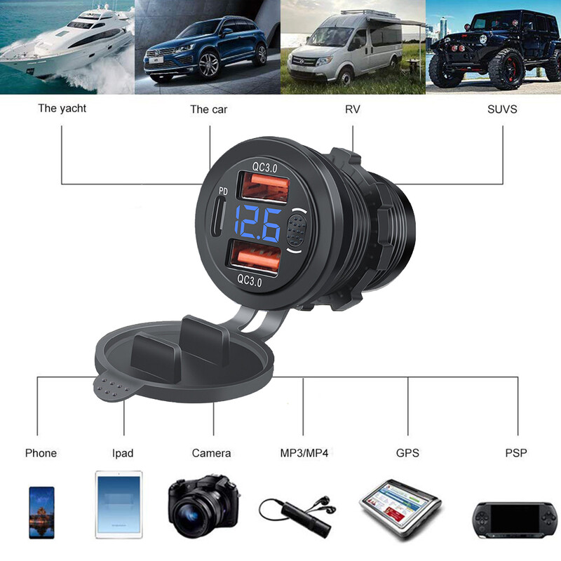 Priză triplă pentru încărcător auto USB C Prize USB PD & 18W QC3.0 cu comutator cu buton Voltmetru digital LED 12V/24V pentru autoturism RV