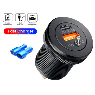 Διακόπτης υποδοχής φορτιστή USB αυτοκινήτου Μεταλλικός 36W Φορτιστής αυτοκινήτου 12V 24V Έξοδος USB PD USB-C QC3.0 Θύρες για Boat Marine