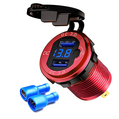 Încărcător rapid din aluminiu QC3.0 Încărcător de mașină USB dublu cu buton de comutare Afișaj LED de tensiune pentru 12V/24V Mașini Barci Motociclete