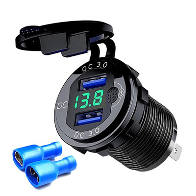 Încărcător rapid din aluminiu QC3.0 Încărcător de mașină USB dublu cu buton de comutare Afișaj LED de tensiune pentru 12V/24V Mașini Barci Motociclete