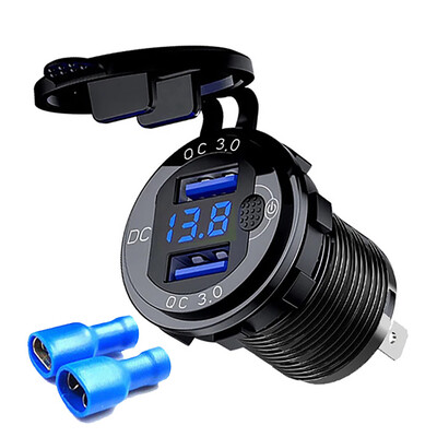 Încărcător rapid din aluminiu QC3.0 Încărcător de mașină USB dublu cu buton de comutare Afișaj LED de tensiune pentru 12V/24V Mașini Barci Motociclete