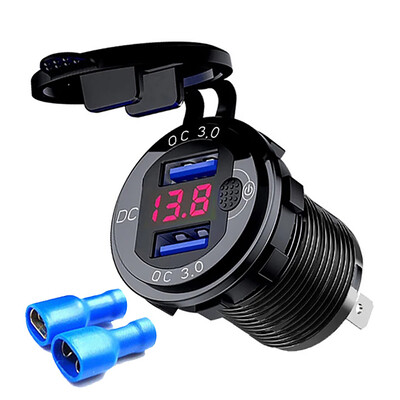Încărcător rapid din aluminiu QC3.0 Încărcător de mașină USB dublu cu buton de comutare Afișaj LED de tensiune pentru 12V/24V Mașini Barci Motociclete