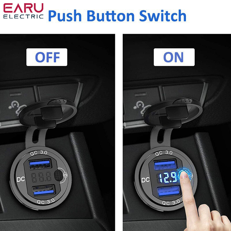 Încărcător rapid din aluminiu QC3.0 Încărcător de mașină USB dublu cu buton de comutare Afișaj LED de tensiune pentru 12V/24V Mașini Barci Motociclete