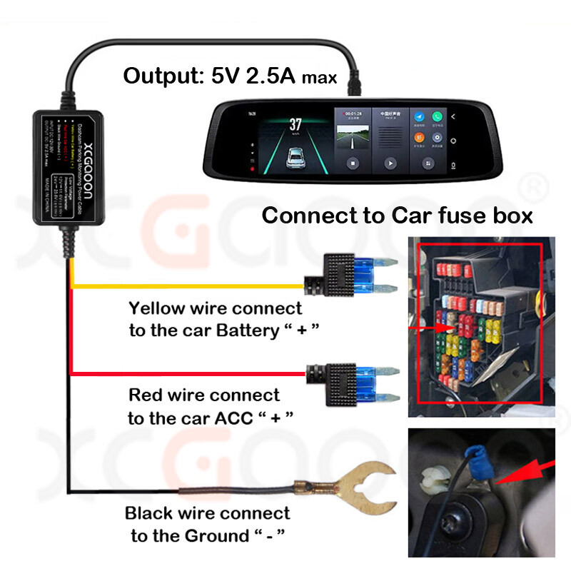 CarDash Cam Wire DVR Hardwire Cable Kit Video Recorder 12V-24V la 5V 2.5A Mini Micro Type-C USB Charger Line Auto Dashcam Camera