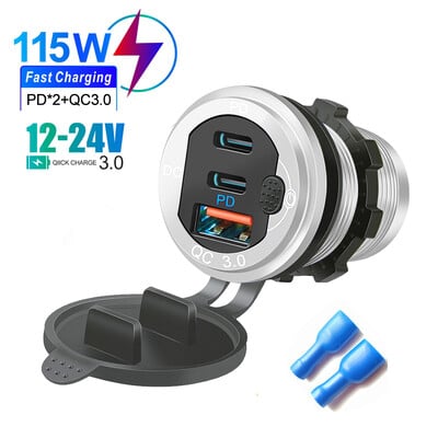 Priză USB pentru încărcător auto 12V/24V Porturi tip c PD3.0 & QC3.0 rezistent la apă cu comutator tactil LED 115W încărcare rapidă adaptor moto auto