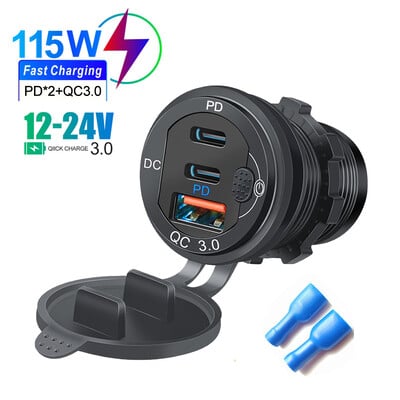 Priză USB pentru încărcător auto 12V/24V Porturi tip c PD3.0 & QC3.0 rezistent la apă cu comutator tactil LED 115W încărcare rapidă adaptor moto auto