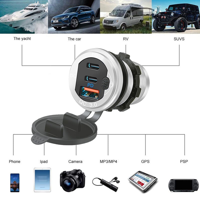 Priză USB pentru încărcător auto 12V/24V Porturi tip c PD3.0 & QC3.0 rezistent la apă cu comutator tactil LED 115W încărcare rapidă adaptor moto auto