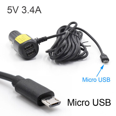 Mini Micro USB autolaadija 3,5 meetrit 5 V 3,4 A 2 USB-pordiga auto DVR armatuurlaua kaamera GPS-videosalvesti jaoks, sisend DC 8V-36V