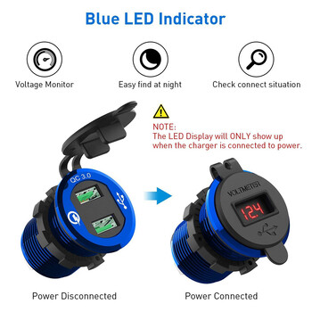 Бързо зареждане USB QC3.0 зарядно за кола Зарядно устройство с алуминиев контакт и цифров дисплей за напрежение за 12V/24V автомобилни мотоциклети