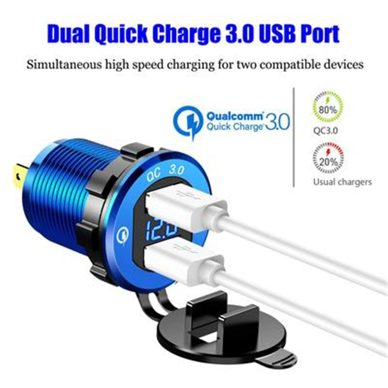 Quick Charge USB QC3.0 punjač za automobile Punjač s utičnicom s aluminijskom utičnicom i digitalnim zaslonom napona za 12V/24V automobilski motocikl