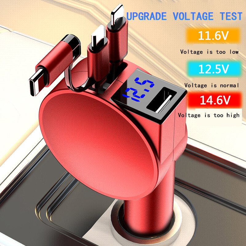 Încărcător auto VVKYKO Încărcător rapid 4 în 1 Cabluri retractabile și port USB pentru telefoane și tablete
