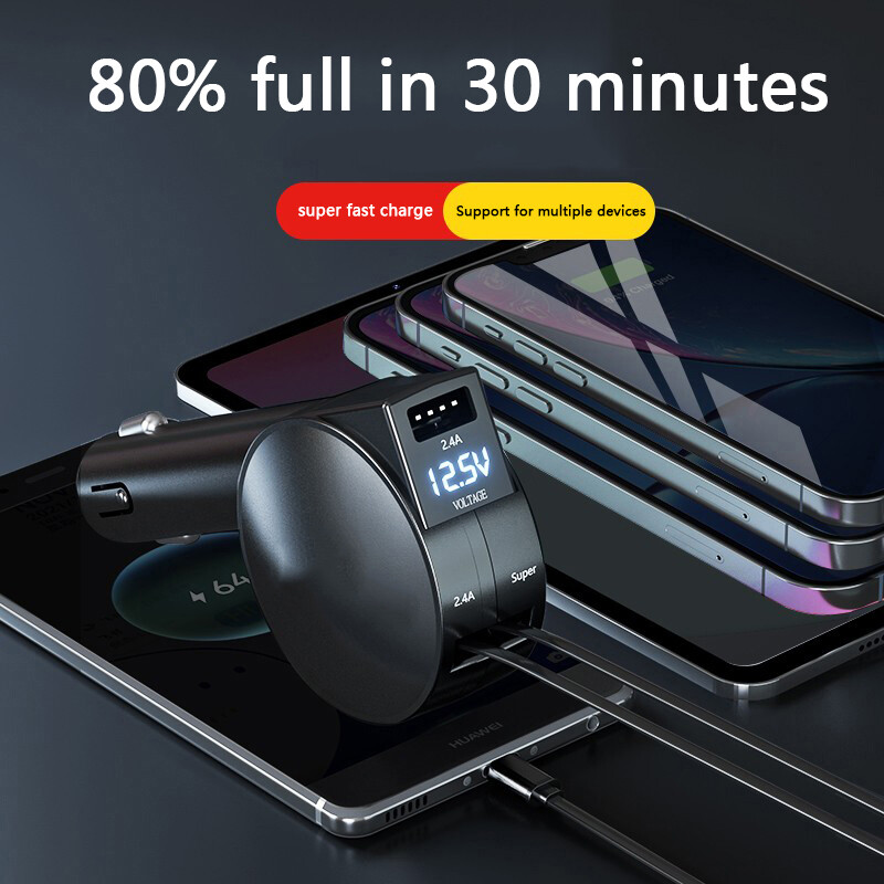 Încărcător auto VVKYKO Încărcător rapid 4 în 1 Cabluri retractabile și port USB pentru telefoane și tablete