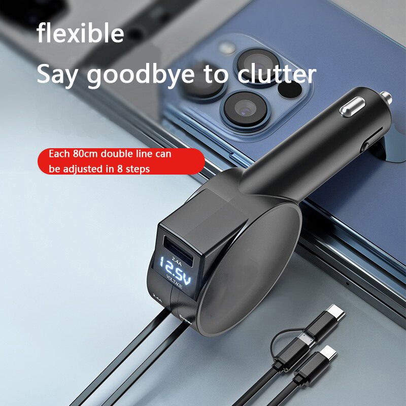 Încărcător auto VVKYKO Încărcător rapid 4 în 1 Cabluri retractabile și port USB pentru telefoane și tablete