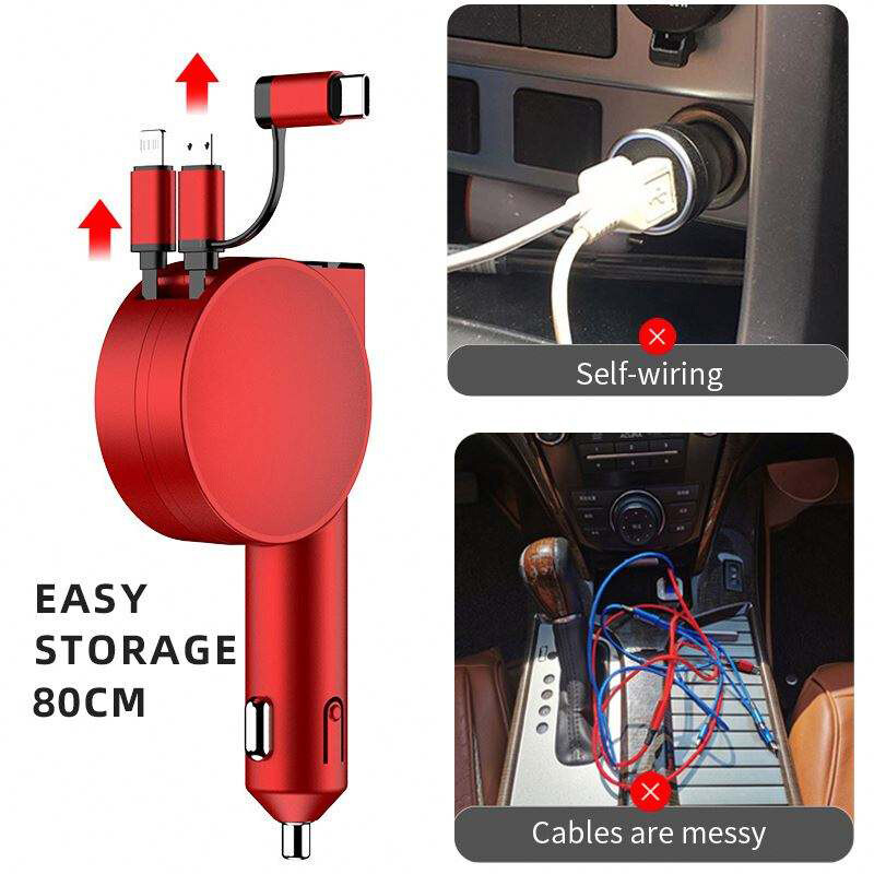 Încărcător auto VVKYKO Încărcător rapid 4 în 1 Cabluri retractabile și port USB pentru telefoane și tablete