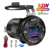 12V/24V USB-autolaadija 83W PD Type-C kiirlaadimisväljundiga sülearvuti pistikupesa koos voltmeetriga mootorratta toiteallika laadimisadapteriga