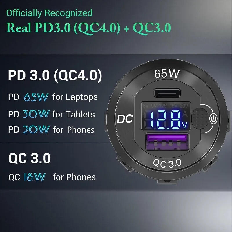 12V/24V USB-autolaadija 83W PD Type-C kiirlaadimisväljundiga sülearvuti pistikupesa koos voltmeetriga mootorratta toiteallika laadimisadapteriga