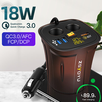 Autós töltő szivargyújtó adapter osztó 2 aljzat 80W QC3.0 gyors gyorstöltés USB 4.2A pohártartó Voltmérő be/ki kapcsoló