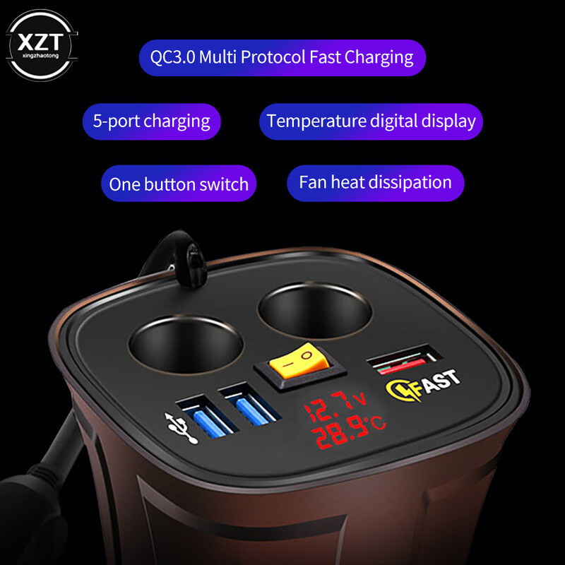 Punjač za automobil Adapter za upaljač Razdjelnik 2 utičnice 80W QC3.0 Brzo Brzo punjenje USB 4.2A Držač čaše Voltmetar Prekidač za uključivanje/isključivanje