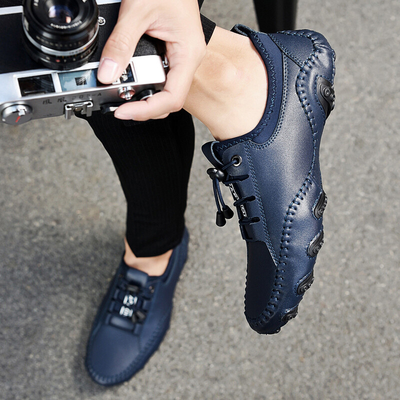 Vanmie ανδρικά casual παπούτσια από γνήσιο δέρμα, χειροποίητα lazy loafers με ένα πόδι, μαλακά hollow loafers, ανδρικά παπούτσια οδήγησης που αναπνέουν