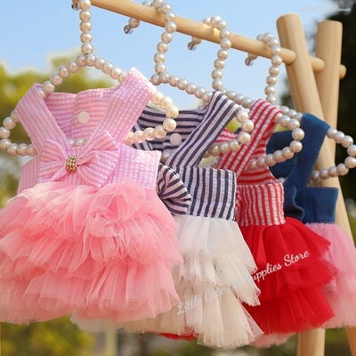 Rochie de vară pentru câini, prințesă, pisică, cu dantelă, fustă cu dungi