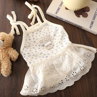 Rochie florală din dantelă pentru câini pentru animale de companie Haine pentru animale de companie Teddy, respirabil, îmbrăcăminte de vară pentru cățeluș, cățeluș poate remorca rochie de prințesă florală