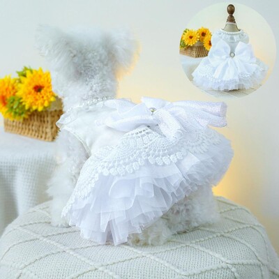 Rochie de prințesă de nuntă pentru câine de companie Îmbrăcăminte din dantelă de primăvară vară respirabilă cu design perlat și fundă pentru câini de talie mică și mijlocie