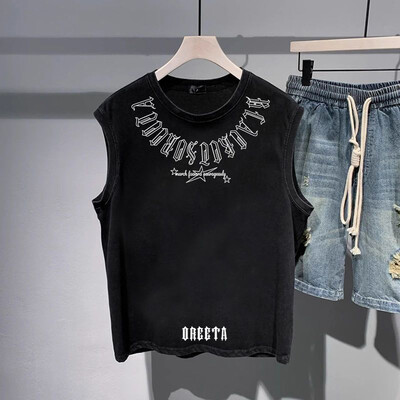 Muški prsluk, pamuk, trendi ispis slova, šik majice bez rukava, američke high street modne sportske ležerne majice bez rukava, ljetno novo