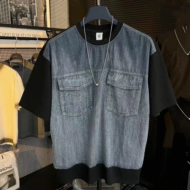 Kaheosalised võltsitud vintage teksariidest lapiga teksariidest T-särgid meestele Lühikeste varrukatega T-särk, suvine vabaaja vaba, vana T-särk