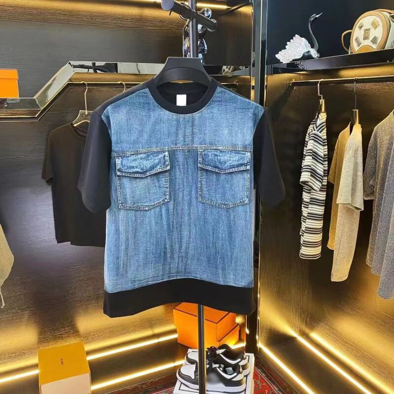 Kaheosalised võltsitud vintage teksariidest lapiga teksariidest T-särgid meestele Lühikeste varrukatega T-särk, suvine vabaaja vaba, vana T-särk