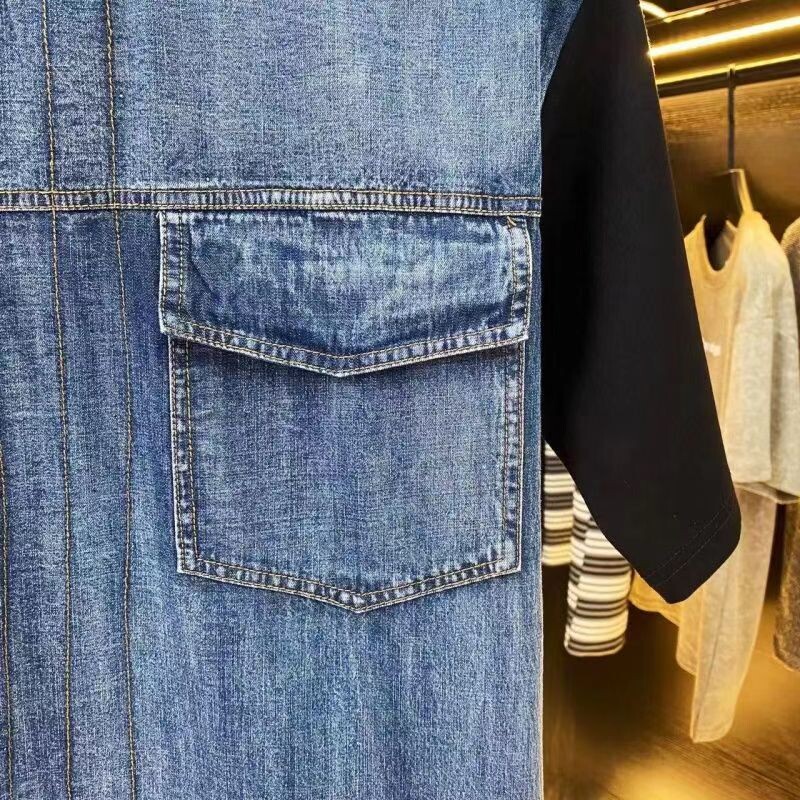 Kaheosalised võltsitud vintage teksariidest lapiga teksariidest T-särgid meestele Lühikeste varrukatega T-särk, suvine vabaaja vaba, vana T-särk