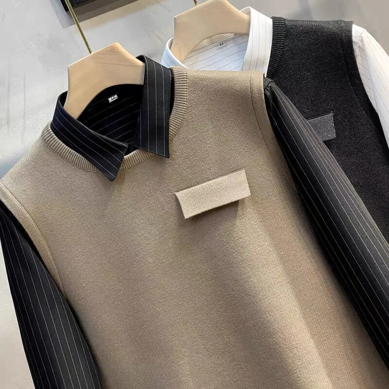 Pleteni džemper muški okrugli ovratnik okrugli izrez muška odjeća prsluk glatki jednobojni jednobojni obični prsluk bez rukava X Korejski stil Vuna A