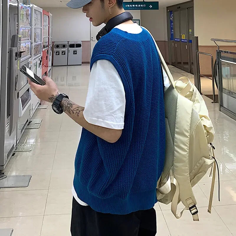 Muška odjeća, jednobojni prsluk, prsluk s v-izrezom, pleteni pulover, muški obični plavi vrećasti korejski stil, bez rukava, proljeće jesen 2024. X