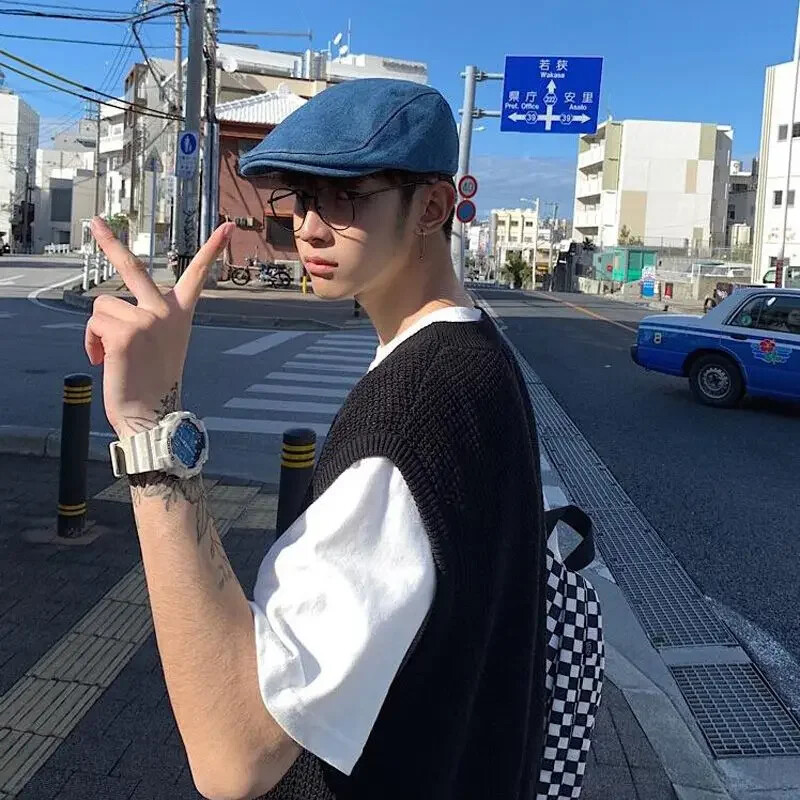 Muška odjeća, jednobojni prsluk, prsluk s v-izrezom, pleteni pulover, muški obični plavi vrećasti korejski stil, bez rukava, proljeće jesen 2024. X