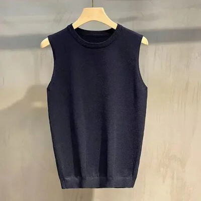 Ανδρικό γιλέκο πλεκτό πουλόβερ ανδρικό γιλέκο πράσινο σχίσιμο αμάνικο στρογγυλό γιακά X Λειτουργία φθηνό κορεάτικο στυλ Overfit V