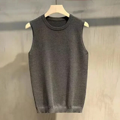 Ανδρικό γιλέκο πλεκτό πουλόβερ ανδρικό γιλέκο πράσινο σχίσιμο αμάνικο στρογγυλό γιακά X Λειτουργία φθηνό κορεάτικο στυλ Overfit V