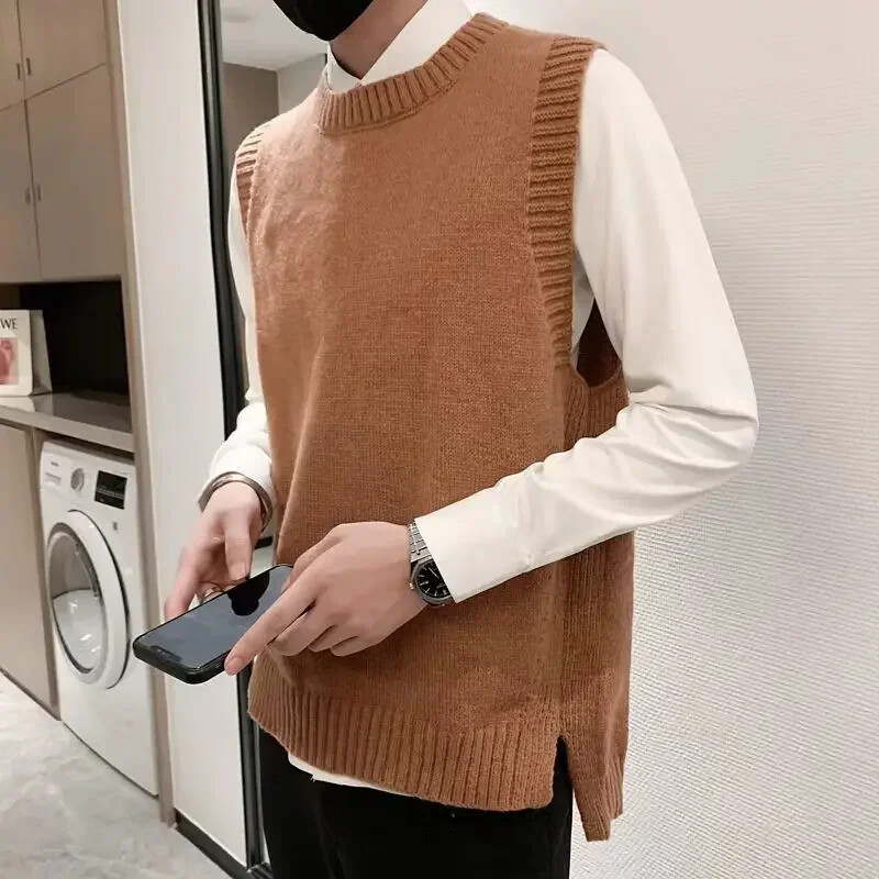 Muška odjeća, prsluk, pleteni pulover s okruglim izrezom, muški prsluk, zeleni prorez, okrugli ovratnik bez rukava X Mode Jeftini korejski stil Overfit V