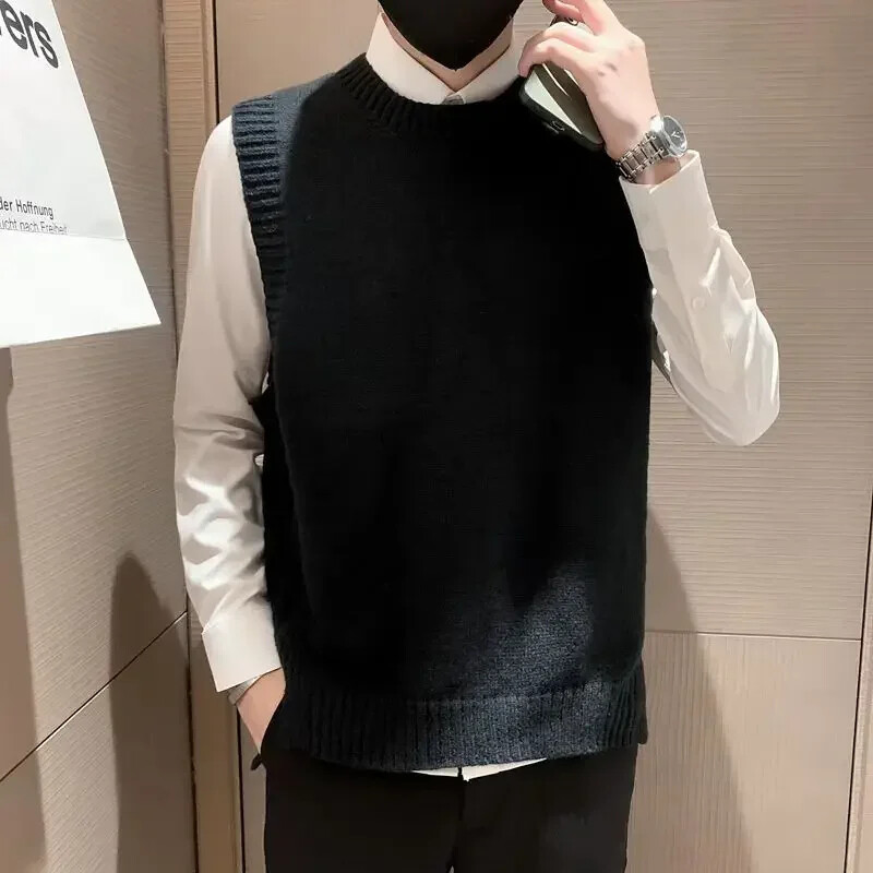 Muška odjeća, prsluk, pleteni pulover s okruglim izrezom, muški prsluk, zeleni prorez, okrugli ovratnik bez rukava X Mode Jeftini korejski stil Overfit V