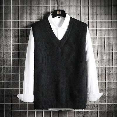 Pulover tricotat Vestă pentru bărbați cu decolteu în V Îmbrăcăminte pentru bărbați Gilet negru fără mâneci Unii Culoare uni Moda coreeană Maletry Topuri din bumbac XA