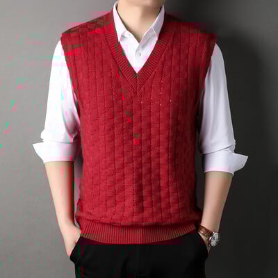 Muški retro vintage vuneni pleteni prsluk bez rukava s V izrezom Basic za jesen zima pulover muška odjeća 00087