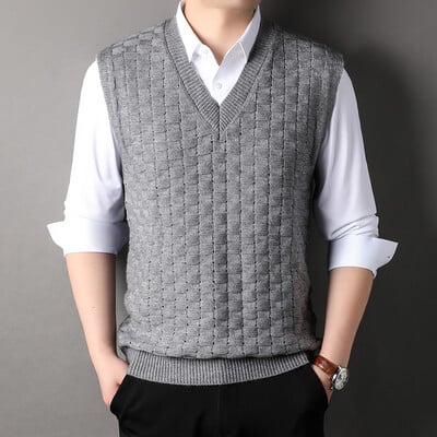 Muški retro vintage vuneni pleteni prsluk bez rukava s V izrezom Basic za jesen zima pulover muška odjeća 00087