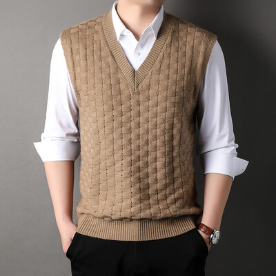 Muški retro vintage vuneni pleteni prsluk bez rukava s V izrezom Basic za jesen zima pulover muška odjeća 00087