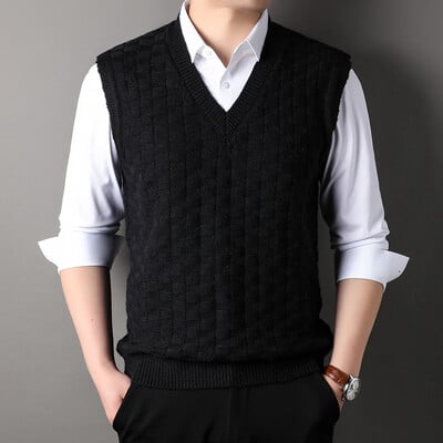 Muški retro vintage vuneni pleteni prsluk bez rukava s V izrezom Basic za jesen zima pulover muška odjeća 00087