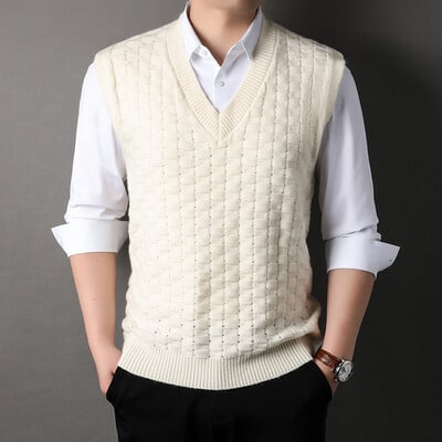 Muški retro vintage vuneni pleteni prsluk bez rukava s V izrezom Basic za jesen zima pulover muška odjeća 00087