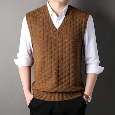 Muški retro vintage vuneni pleteni prsluk bez rukava s V izrezom Basic za jesen zima pulover muška odjeća 00087