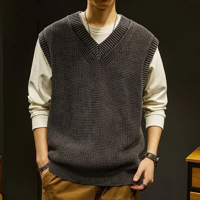 Ühevärvilised meeste rõivad vest, varrukateta V-kaelus, tavaline kootud kampsun, meeste vest, äriline esteetiline meemirežiim, Y2k vintage lõbus