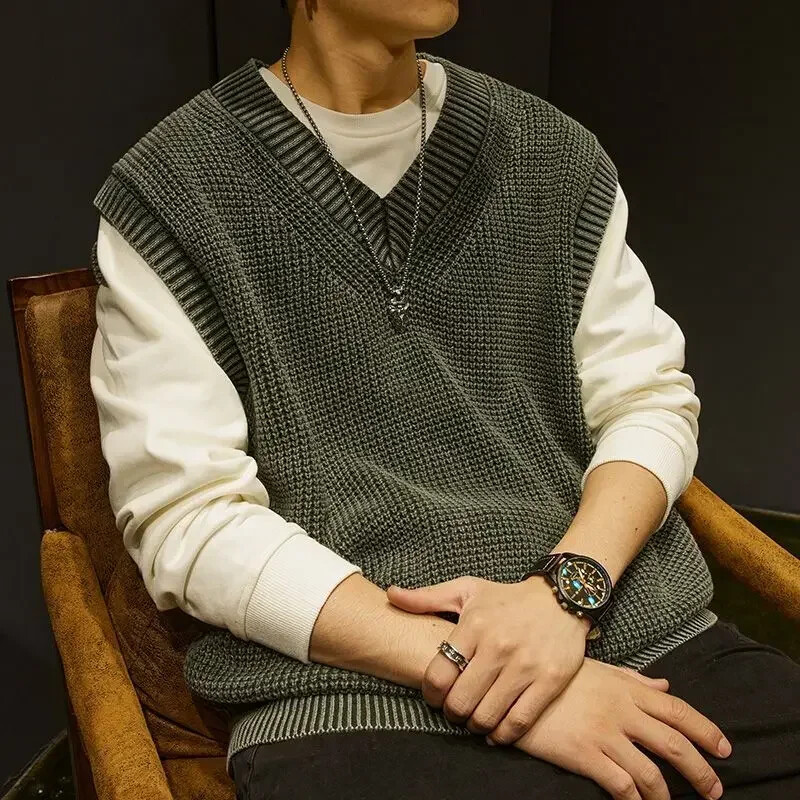 Ühevärvilised meeste rõivad vest, varrukateta V-kaelus, tavaline kootud kampsun, meeste vest, äriline esteetiline meemirežiim, Y2k vintage lõbus
