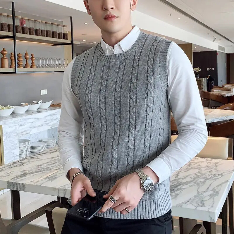 Kootud kampsun, meeste ühevärviline varrukateta tavaline meesterõivas sinine vest, vest ja džemprid, suures suuruses Enimmüüdud tooted 2024 A